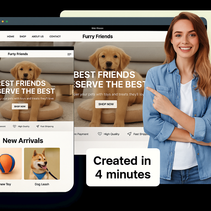 Young woman pointing to Furry Friends pet store website showing desktop and mobile views, created in 4 minutes by AI store builder